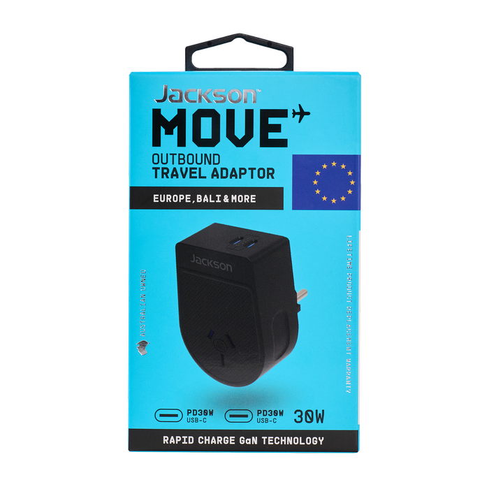 Jackson Move Outbound Travel Adaptor Europe, Bali & More PD30W w USB 2C