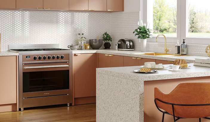 contemporary kitchen with pink cabinetry, stone benchtop and barstools