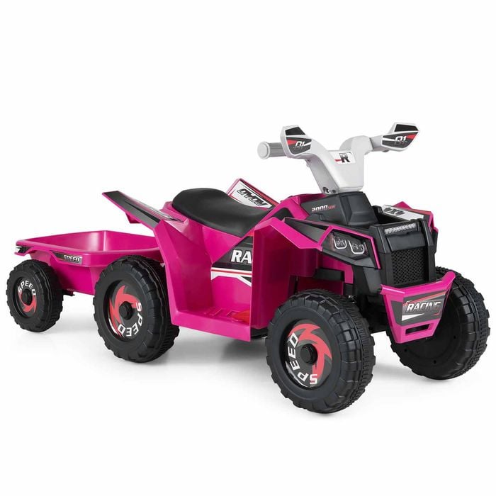 Costway Kid Electric Atv Car 6v Ride On Toy Removable Trailer Pink