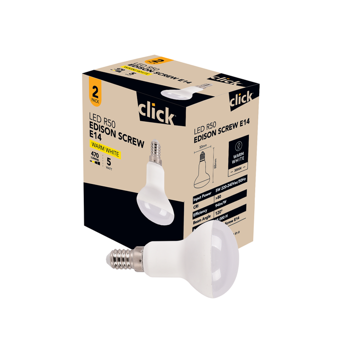 Click R50 SES LED 470lm Warm White 5W Globe - 2 Pack