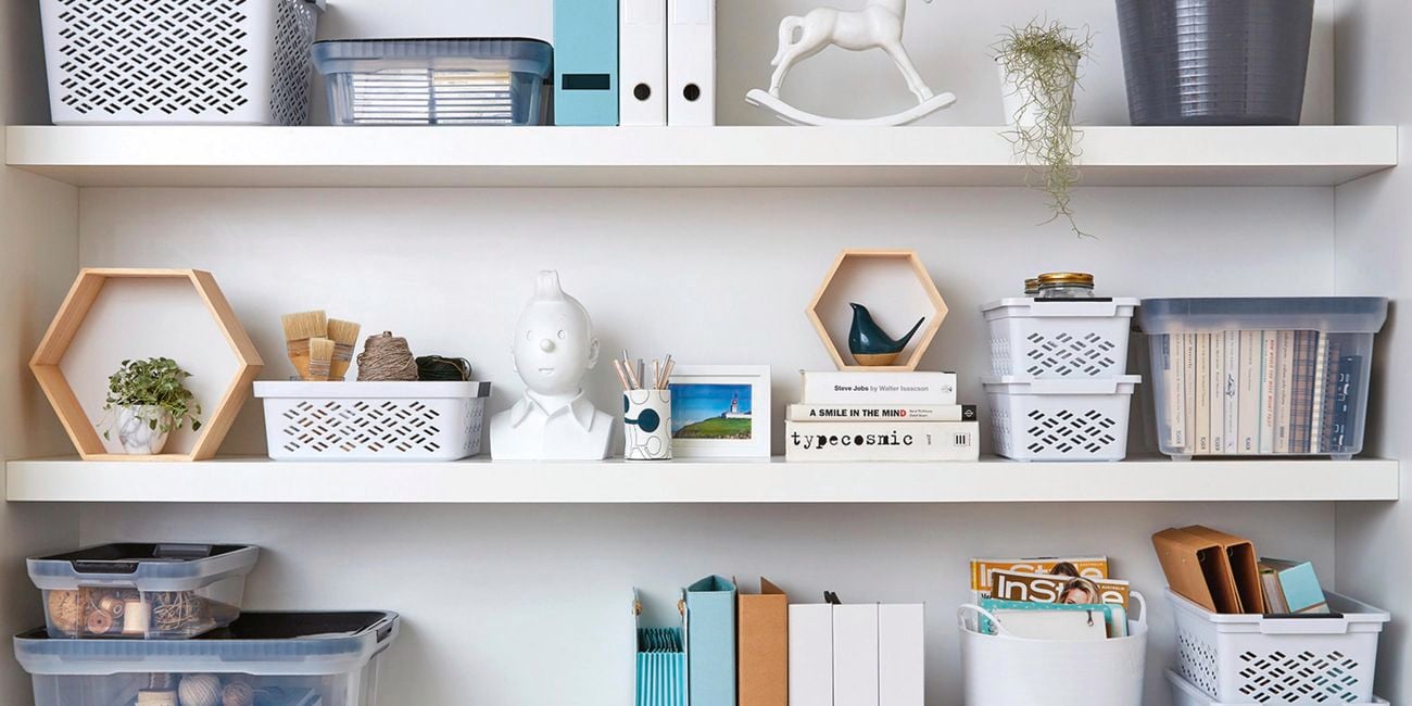 Shelving with containers and folders, 