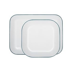 Argon Tableware Enamel Baking Tray Set - Green Rim - 2pc Lightweight Metal Enamel Oven Tray Kitchen Bakeware Flat Cooking Pan