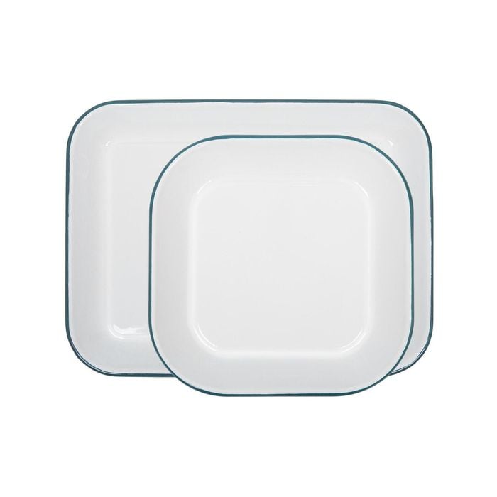 Argon Tableware Enamel Baking Tray Set - Green Rim - 2pc Lightweight Metal Enamel Oven Tray Kitchen Bakeware Flat Cooking Pan