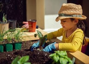 Kids gardening in action with soil and plants being used