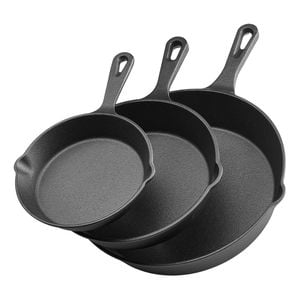 VEVOR 160-265mm Cast Iron Skillet 3-Piece Frying Pan Set Black with Detachable Wood Handle