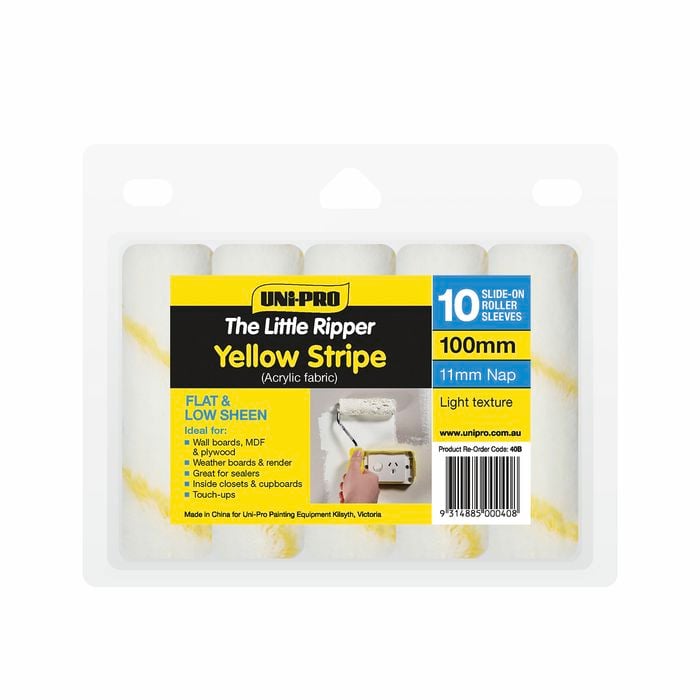UNi-PRO 100mm Little Ripper Yellow Stripe Acrylic Roller Cover Refills 10 Pack 11mm Nap