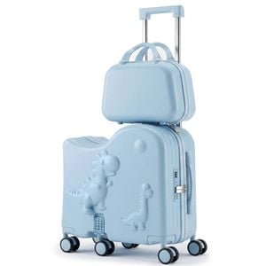 Advwin Kids Ride On Suitcase Set Dinosaur Luggage Set 20 Inch Hard Shell Luggage with 12" Travel Bag Blue