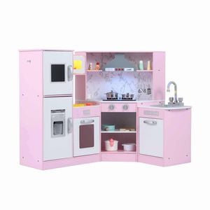 Costway Corner Kitchen Playset Kid Pretend Play Kitchen Toy Stoves Pink