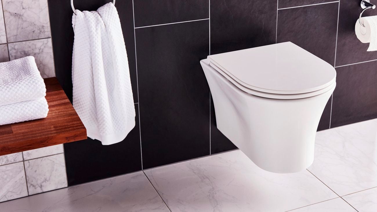 Toilet, hanging rail, towel.