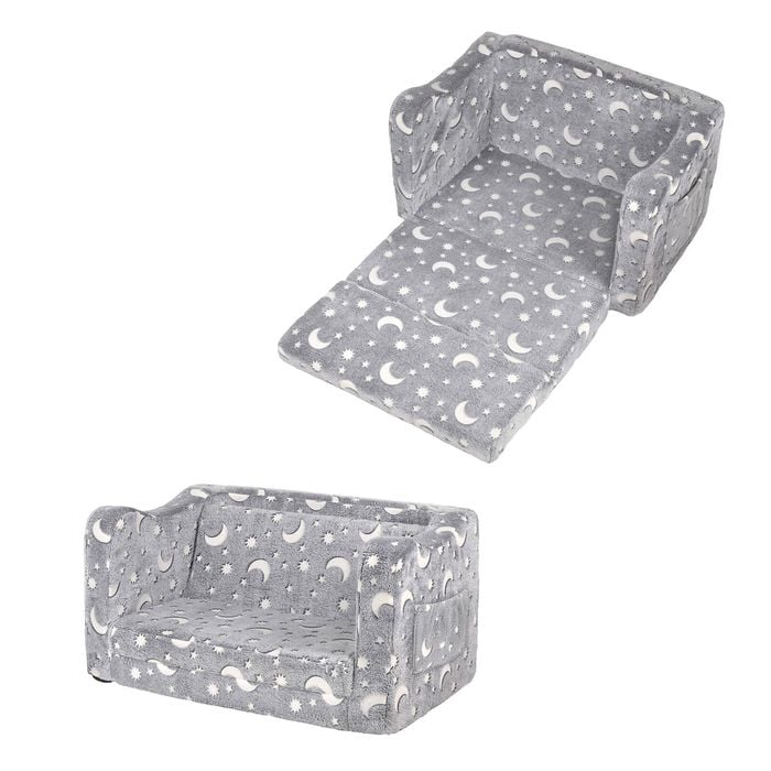 Ufurniture Kids Sofa 2 Seat Toddler Armchair Couch Children Fold out Play Couch Convertible Lounge Sofa Bed Grey