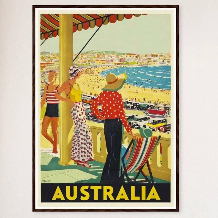 Galrie Vintage Bondi Beach Summer Travel Poster Australian Coastal Charm for Home Décor, Black Frame, A3 30 x 42cm (12 x 16inch)