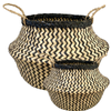 2x ROUND BELLY SEAGRASS STORAGE BASKET Natural Straw Folding  Chevron Black/Natural