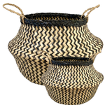 2x ROUND BELLY SEAGRASS STORAGE BASKET Natural Straw Folding  Chevron Black/Natural