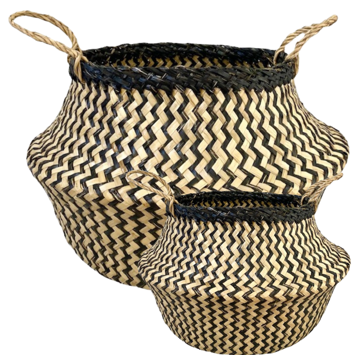 2x ROUND BELLY SEAGRASS STORAGE BASKET Natural Straw Folding  Chevron Black/Natural