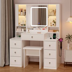 Ufurniture Large Dressing Table  7 Drawers RGB Cabinet LED Mirror Power Outlet White