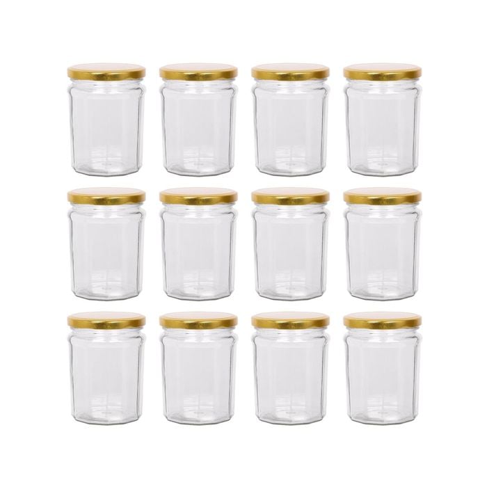 Argon Tableware 380ml Glass Jam Jars With Airtight Gold Lids - Set Of 12 Empty Screw Top Kitchen Storage Preserving Jar