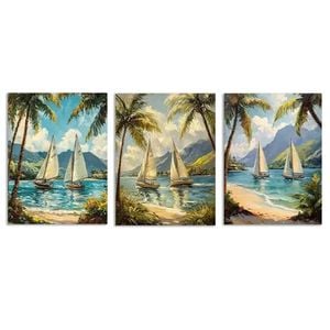 3pcs Vibrant Beach & Mountain Scene with Sailboat  Print 100% Australian Made 3 x 40x60cm (Metal Print)