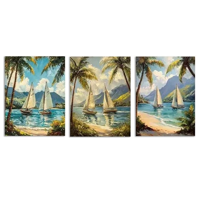 3pcs Vibrant Beach & Mountain Scene with Sailboat  Print 100% Australian Made 3 x 40x60cm (Metal Print)