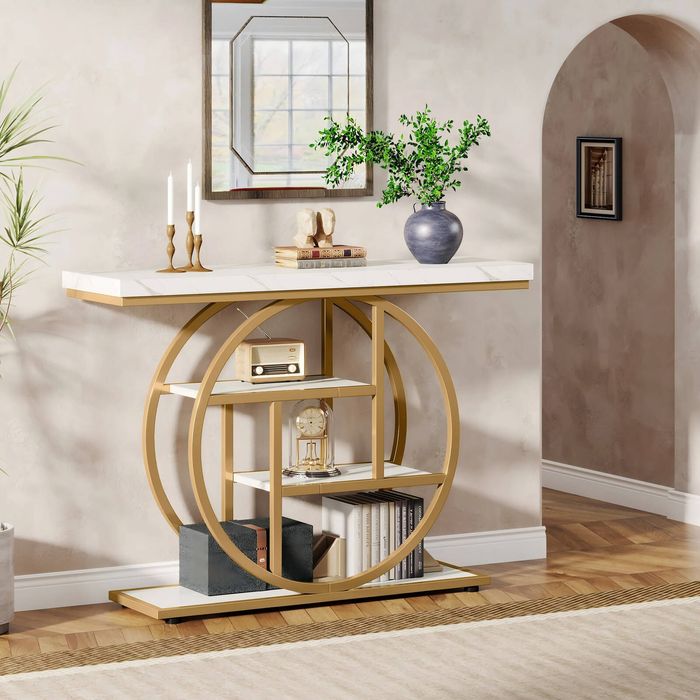 OAKORY 105cm Industrial Console Table with Gold Circular Metal Base and 4 Tier Shelves in White
