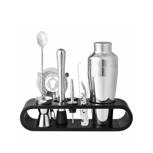 Davis & Waddell Bar Set With Acacia Stand 10pcs - Silver 8 x23x5cm