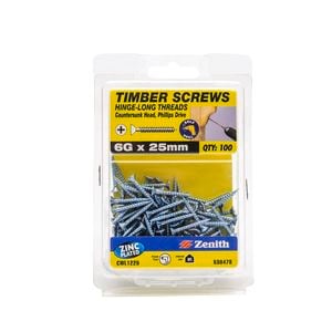 Zenith 6g x 25mm Zinc Plated Hinge-Long Thread Timber Screws - 100 Pack