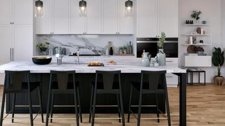 White and black kitchen with Fully Integrated Fridge Freezer, Undermount Rangehood, Black Ceramic Cooktop, Culinary Drawer and Steam Microwave Convection Oven 