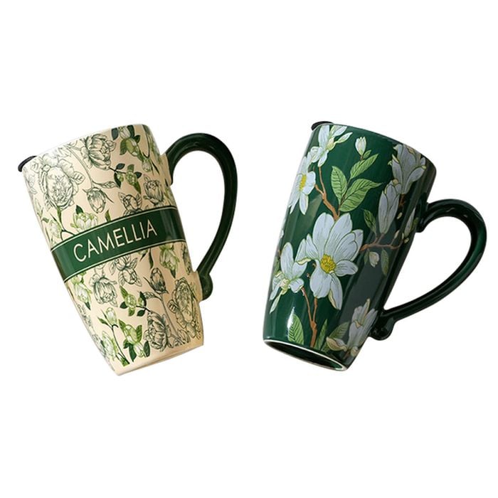 2 Set 600ml Green High-Fired Ceramic Porcelain Mug with Travel Lid Vintage Floral