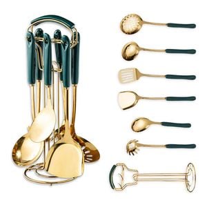 Catzon 7 Pcs Stainless Steel Kitchen Utensils for Cooking with Hanging Shelf-GreenA