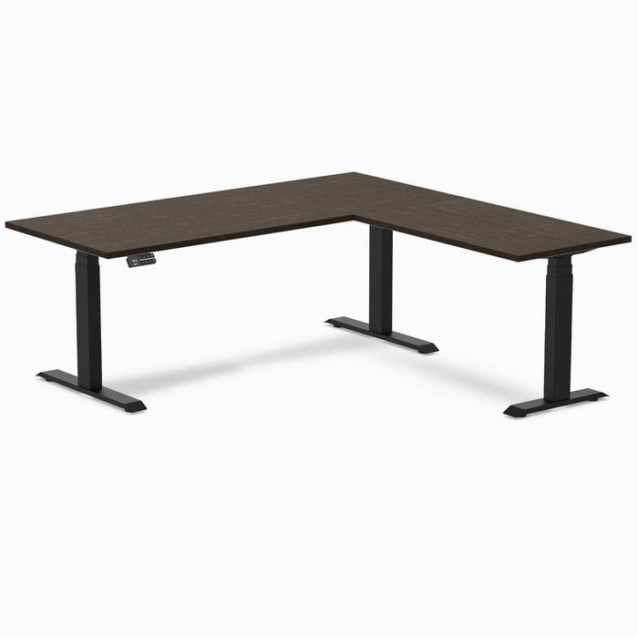 Desky L-shape Sit To Stand Dark Bamboo Desk 1800x1750mm Matte Black Height Adjustable Leg