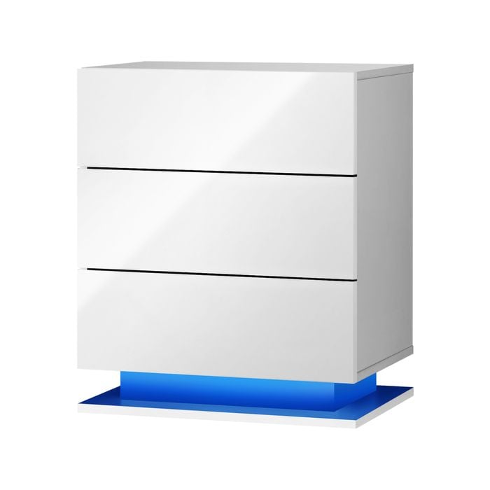 Oikiture 3 Drawers Bedside Table RGB LED Nightstand Cabinet White