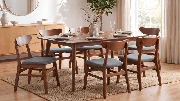 A dining room table surrounded by six chairs, a green plant and a cabinet