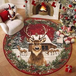 CottonMore Christmas Reindeer Round Rug Festive Deer Winter Cabin Holiday Floor Mat 120cm