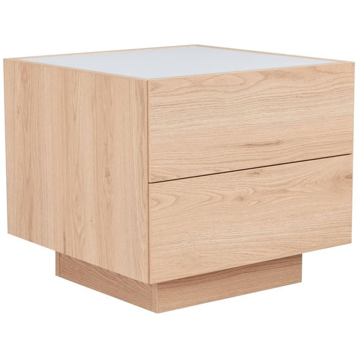 Mia End Table with White Tempered Glass Top - Oak