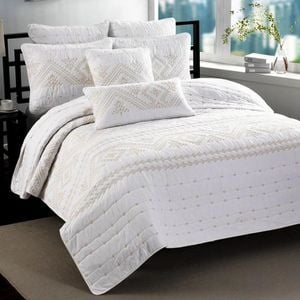 Quilted King Size Cotton Coverlet Bedspread Set White and Gold