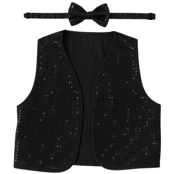 Adult Unisex SEQUIN BOW TIE & VEST Dance Costume Party Sparkle Set in Black - Black | China
