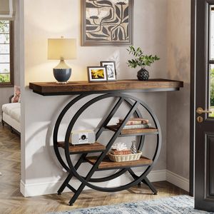 OAKORY 140cm Rustic Wood Look Console Table with Geometric Black Metal Frame