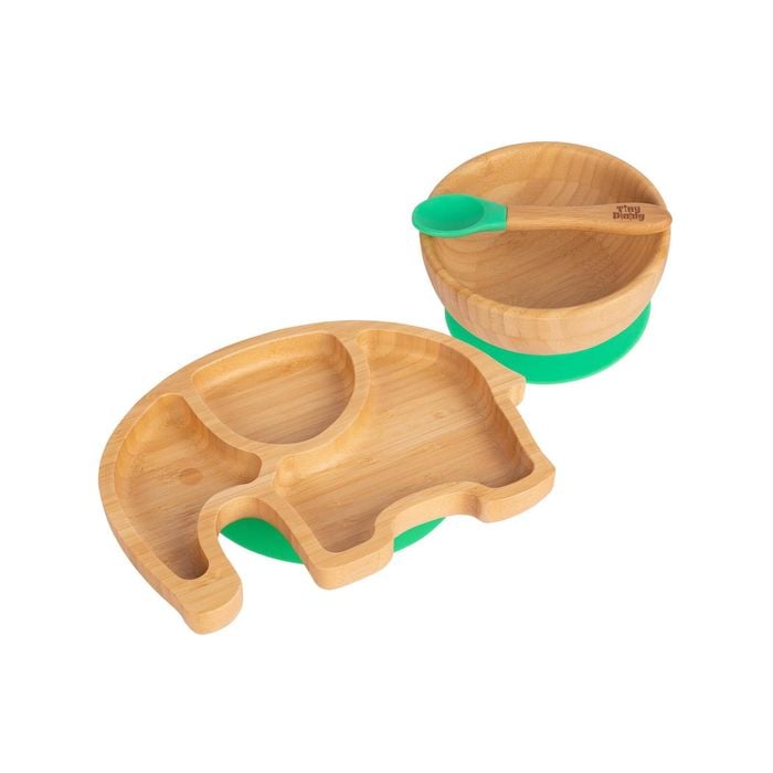 Tiny Dining Children's Bamboo Elephant Plate, Bowl and Spoon with Suction Cups - Segmented Design