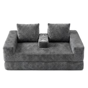Ufurniture 160cm Convertible 2 Seater Sofa Bed W/ 2 Pillow Side Pocket Cupholder No Assembly Corduroy Loveseat Sofa Grey