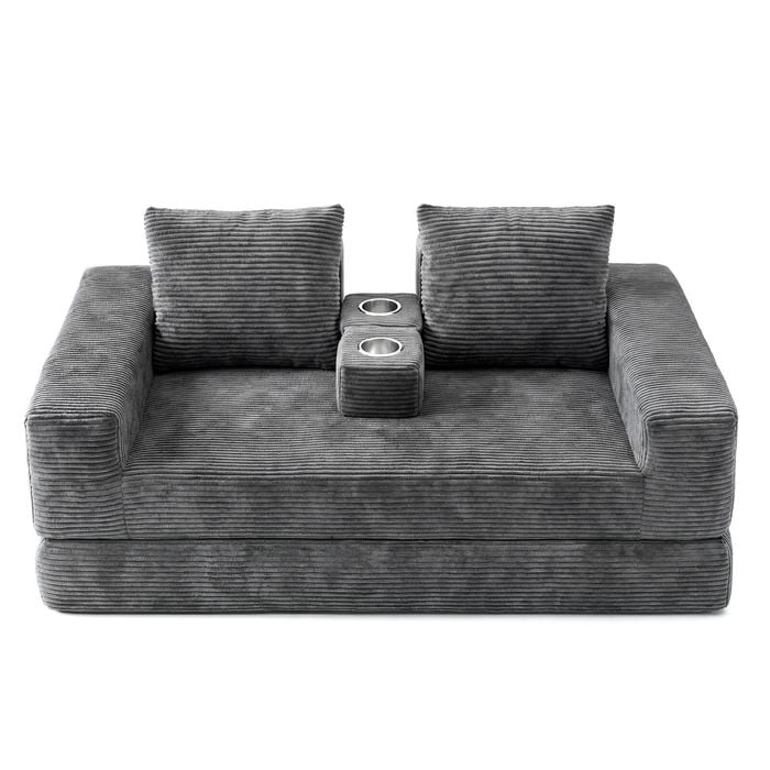 Ufurniture 160cm Convertible 2 Seater Sofa Bed W/ 2 Pillow Side Pocket Cupholder No Assembly Corduroy Loveseat Sofa Grey