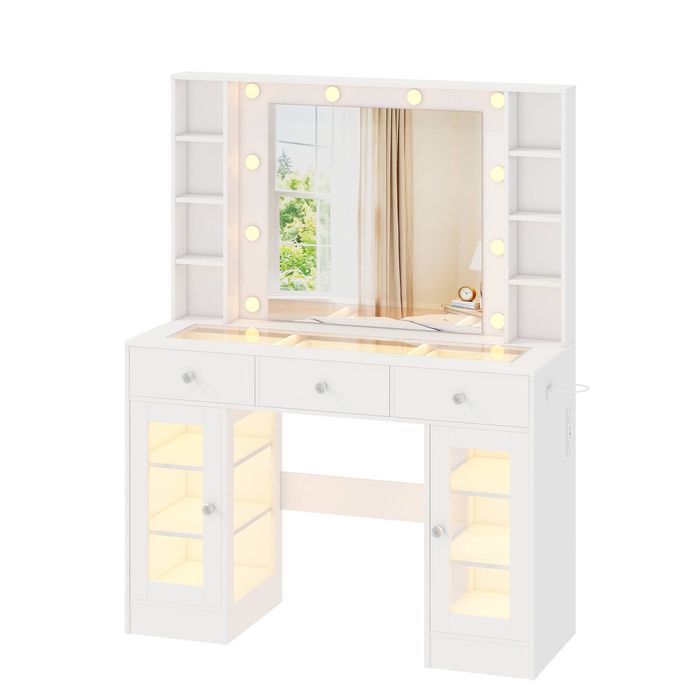 Ufurniture Makeup Vanity Desk with LED Glass Top & Cabinet, Dressing Table with 10 Bulb Mirror & Power Outlet White