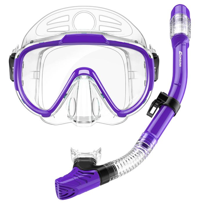 EMSINA Dry Snorkel Set with Panoramic Wide View Anti-Fog Diving Mask - Purple