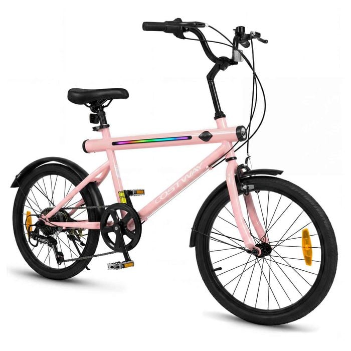 Costway 50cm Commuter Bicycle Lighted Bike 6 Speed Carbon Steel Pink