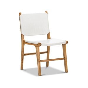Casey Set of 2 White Flat Leather Natural Teak Wood Dining Chairs