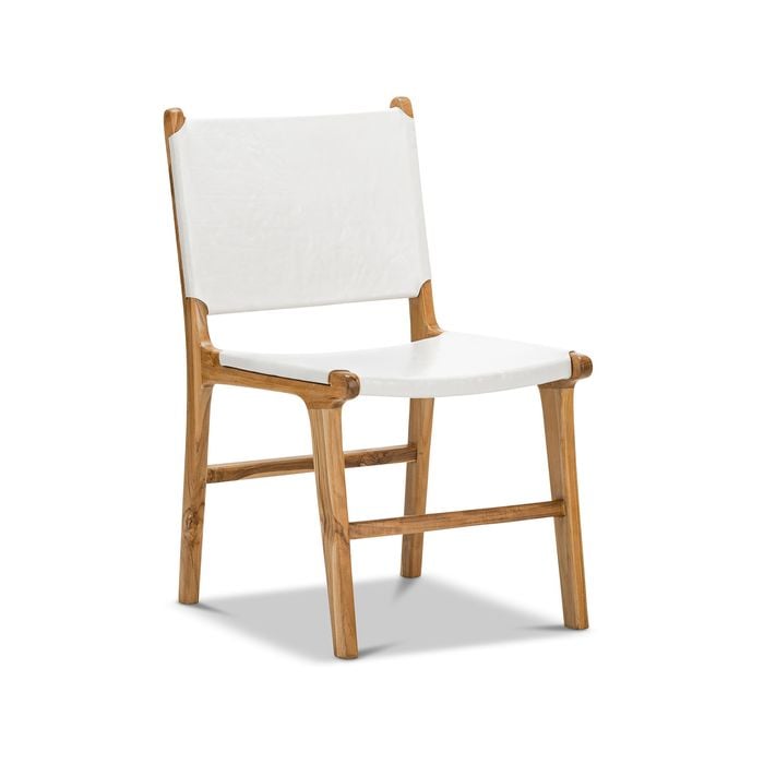Casey Set of 2 White Flat Leather Natural Teak Wood Dining Chairs