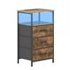 Ufurniture Nightstand with LED Light and Charging Station Industrial End Table 3 Fabric Drawers and Open Shelf Brown