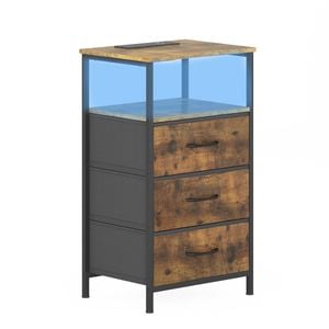 Ufurniture Nightstand with LED Light and Charging Station Industrial End Table 3 Fabric Drawers and Open Shelf Brown