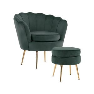 La Bella Shell Scallop Green Armchair Accent Chair Velvet + Round Ottoman Footstool