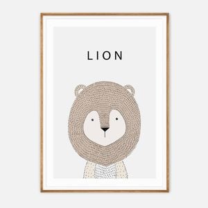 Galrie Charming Minimalist Lion Art Print for Kids' Room Decoration, Wood Frame, A2 42 x 60cm (16 x 24inch)