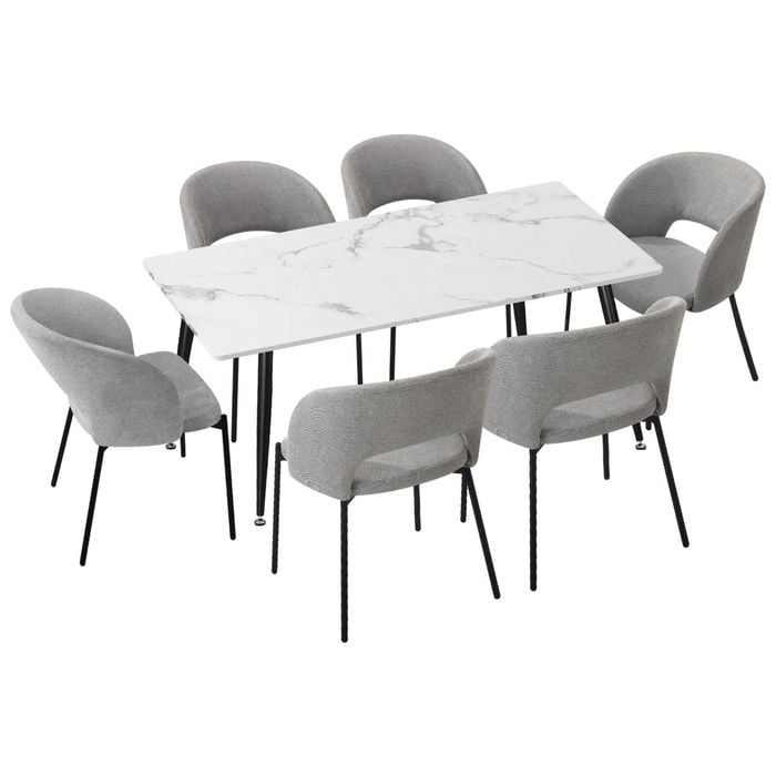 Oikiture 7PCS Dining Sets  120cm Rectangle Table with Chairs Fabric Grey