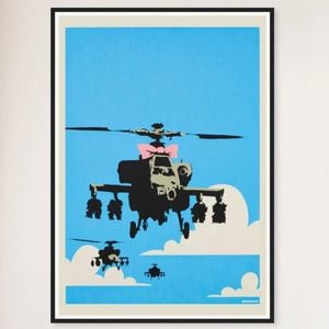 Galrie Banksy Happy Choppers Art Print - 2003 Limited Edition for Home Decor, Black Frame, 70 x 100cm (28 x 40inch)